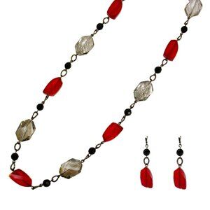 Red, black and gray glass bead necklace an earring set made with gray oval links